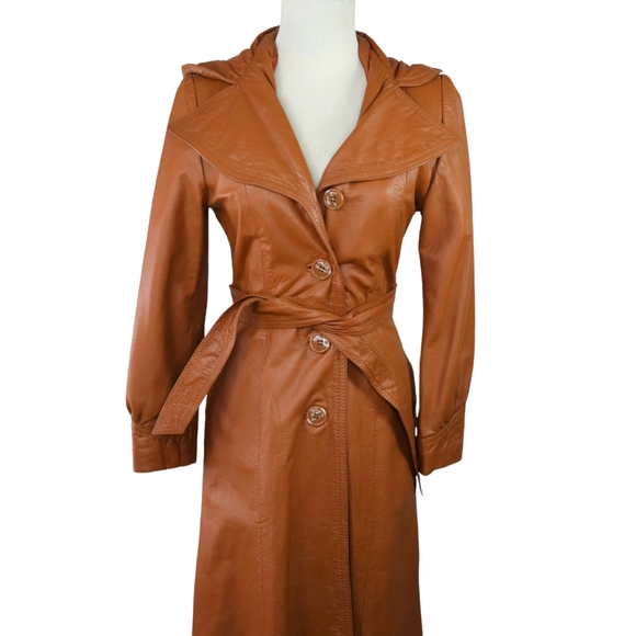 Vintage Boho 70's Leather Trench Coat with Hood Size S - Picture 2 of 14